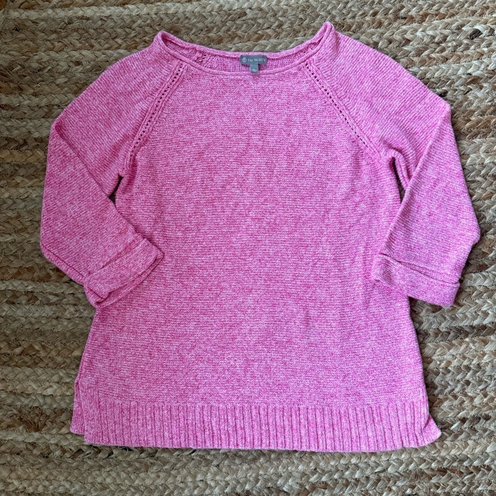 T by Talbots XS Pink 100% Cotton 3/4 Sleeve Knit Sweater